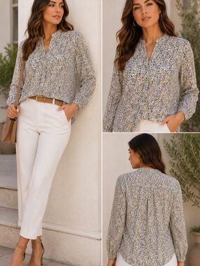 Liz Claiborne Petite Floral Button-Front Blouse | Long Sleeve | PL (1397)